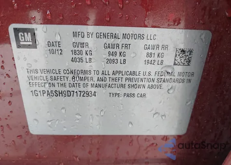 2013 Chevrolet Cruze Ls Auto from USA, damaged, VIN 1G1PA5SH9D7172934